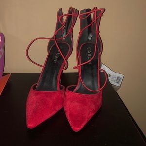 Red Laced Up Pointed Toe Heels